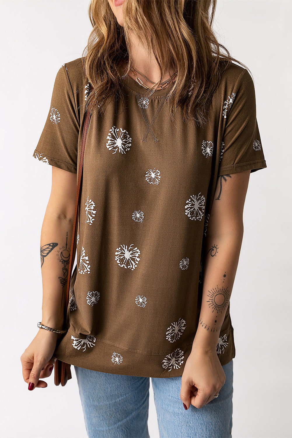 Brown Dandelion Print Casual Crew Neck T-shirt