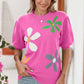 Bright Pink Floral Print Bubble Short Sleeve Knitted Top