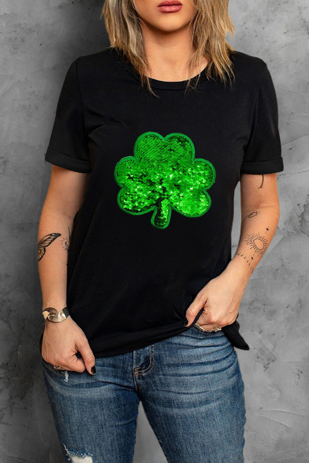 Black Sequin Clover Embroidered Round Neck Graphic Tee