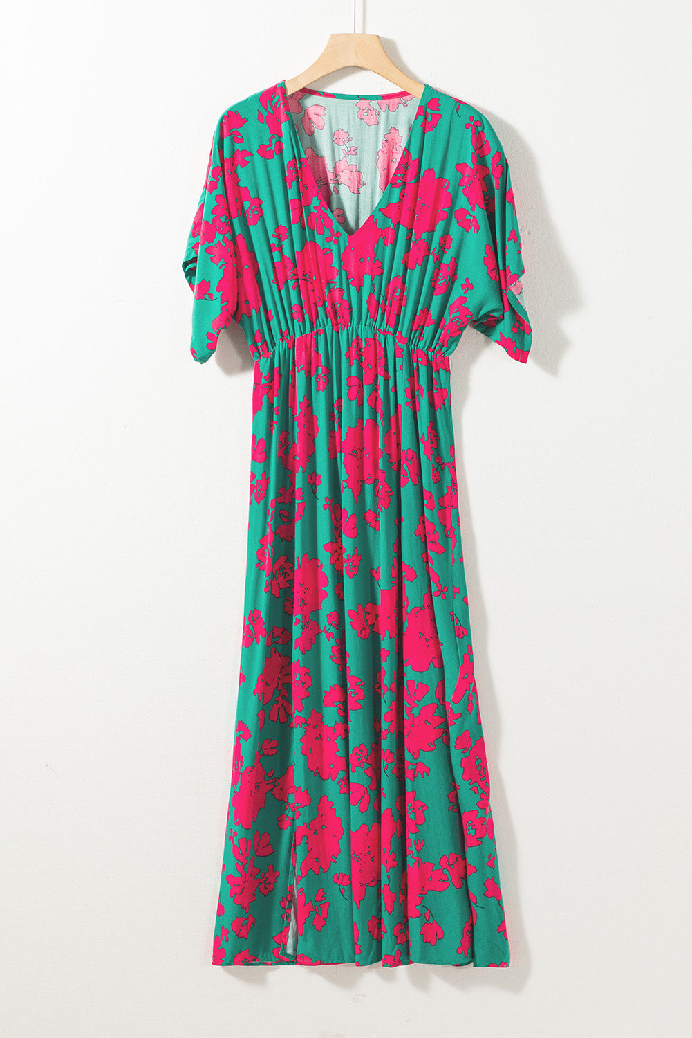 Sea Green Floral Printe Half Sleeve Split Flared Maxi Dress