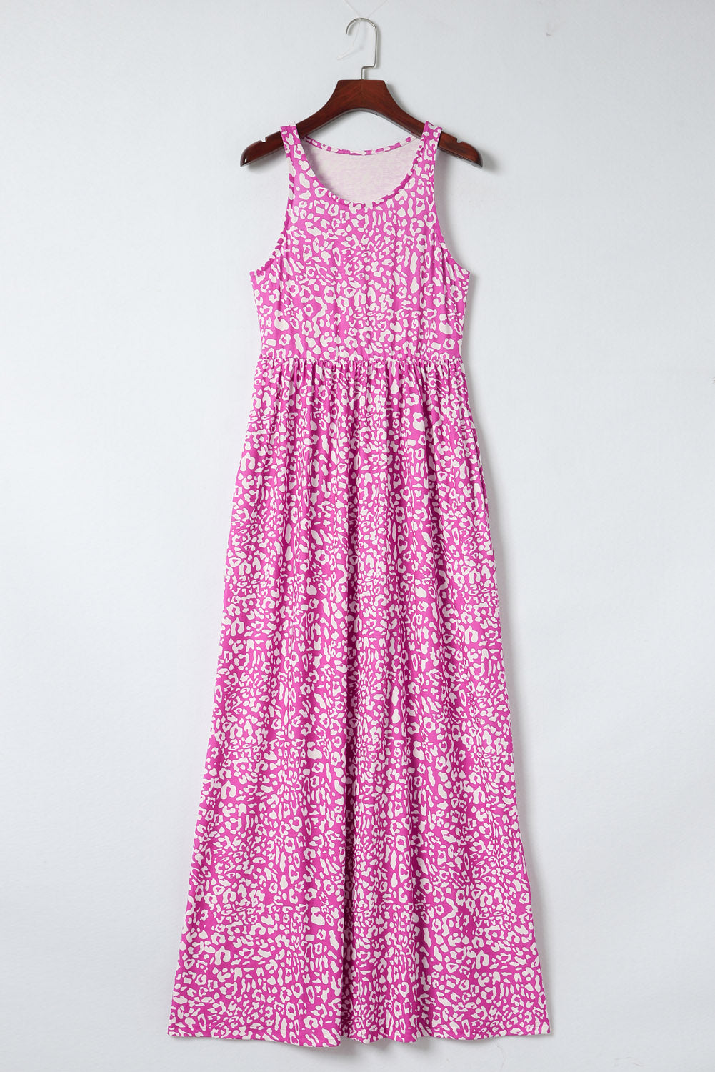 Pink Sleeveless Floor Length Leopard Print Dress with Pockets