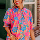 Rose Frill Neck Puff Sleeve Boho Floral Blouse