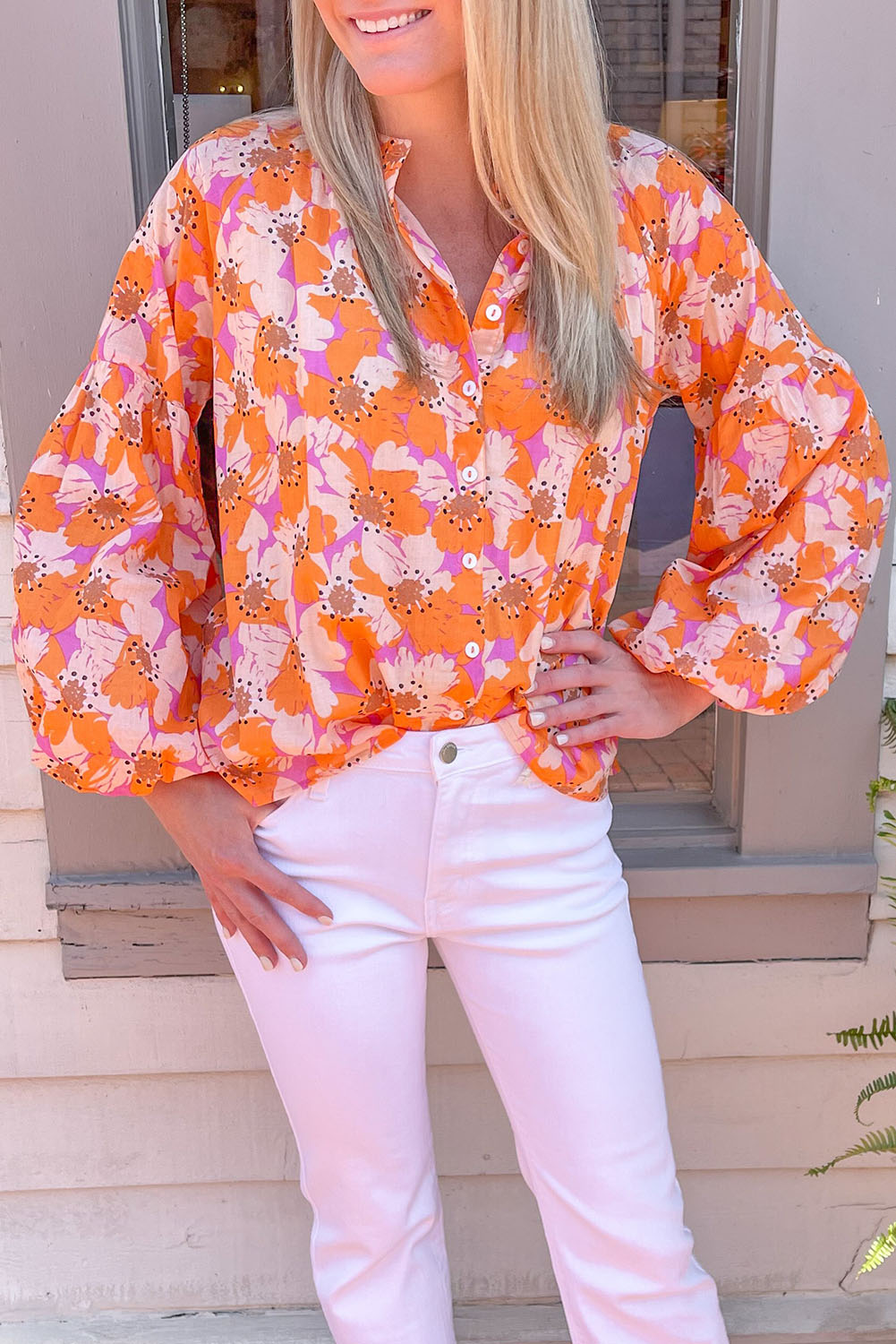 Orange Floral Print Loose Sleeve Shirt