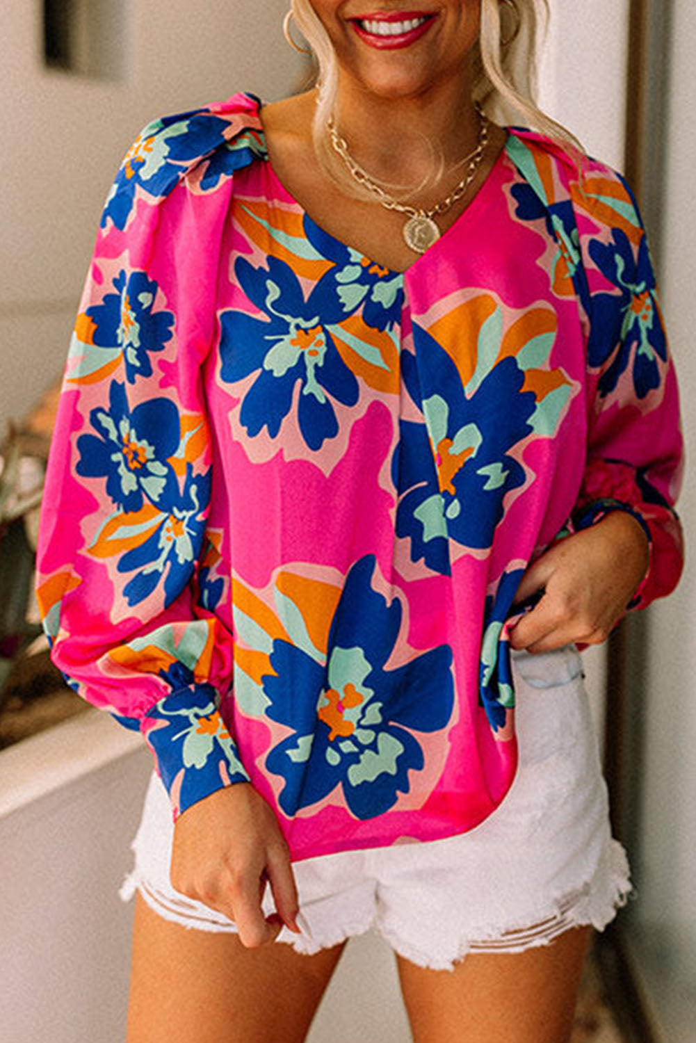 Rose Floral Print V Neck Puff Sleeve Blouse