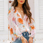 Multicolor Abstract Print Split Neck Puff Sleeve Blouse