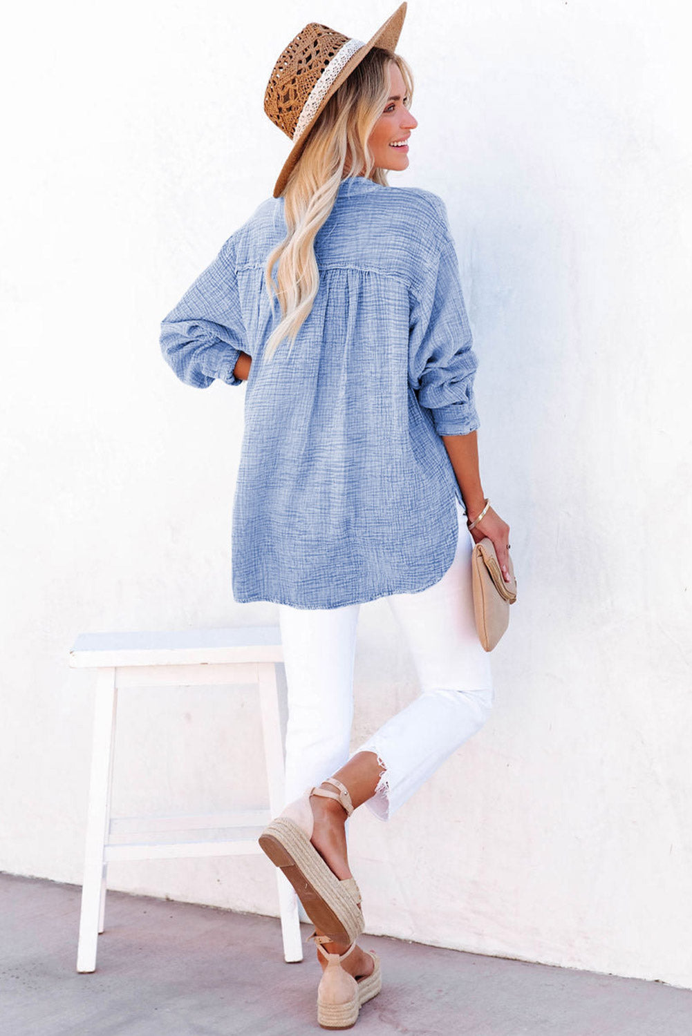 Gray Loose Crinkle Button V Neck Henley Top