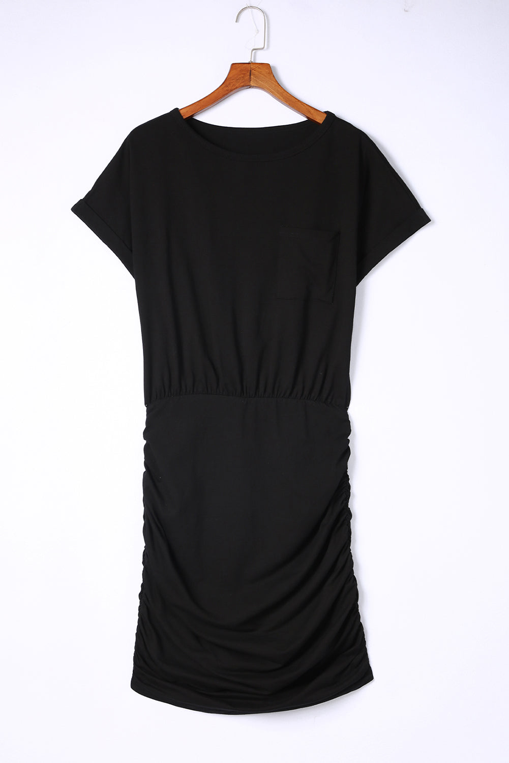 Black Chest Pocket Loose Ruched Bodycon Short Shirt Dress