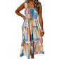 Khaki Mix Striped Wide Straps Smocked Tiered Maxi Dress