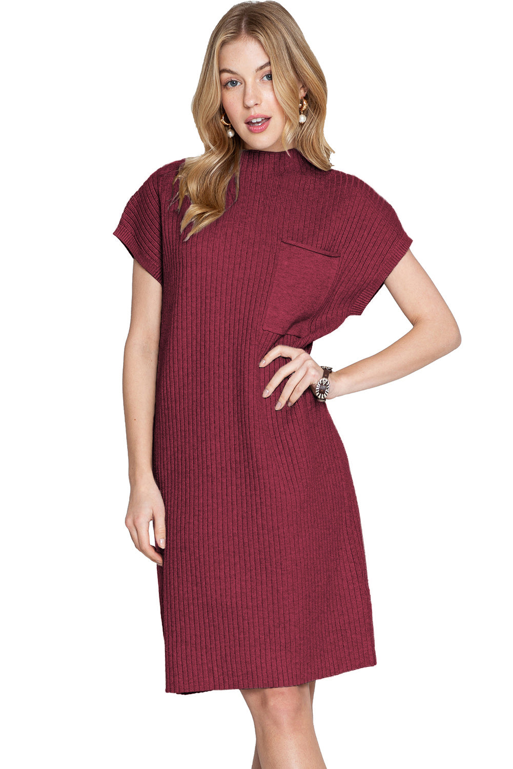 Oatmeal Patch Pocket Ribbed Knit Short Sleeve Sweater Dress
