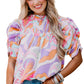 Pink Abstract Print Smocked Bubble Sleeve Blouse