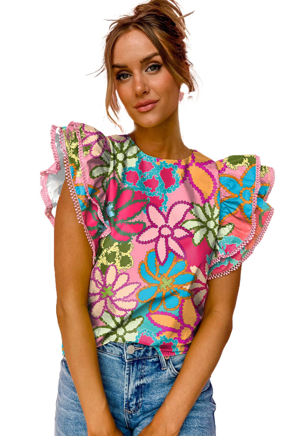 Multicolor Floral Print Boho Top Tiered Ruffle Sleeve Blouse
