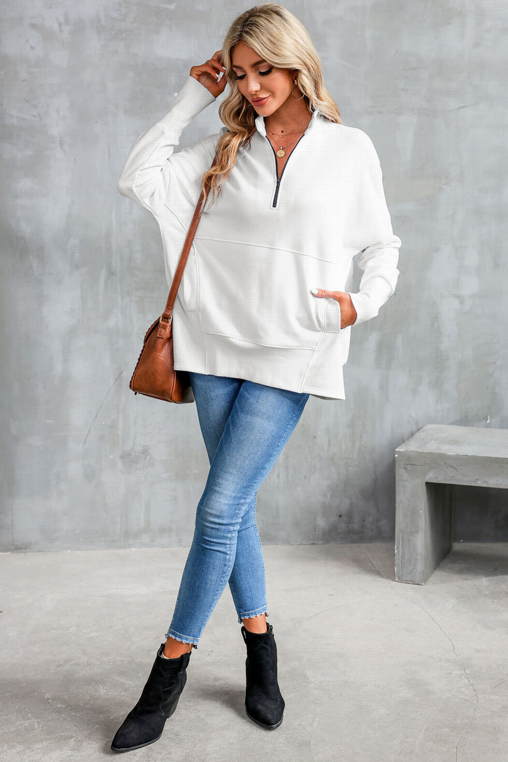 White Oversized Quarter-Zip Pullover Sweatshirt