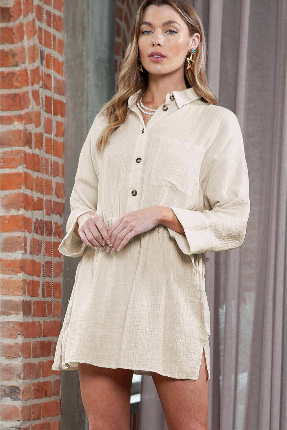 Beige Cotton Solid Color Buttoned Closure Long Sleeve Casual Dress