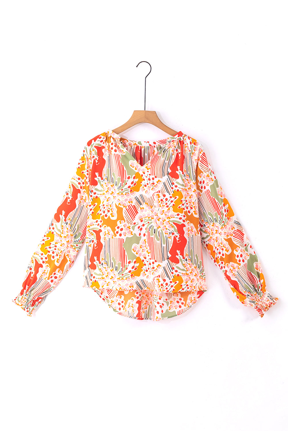 Orange Boho Floral Print Shirred Cuffs Blouse