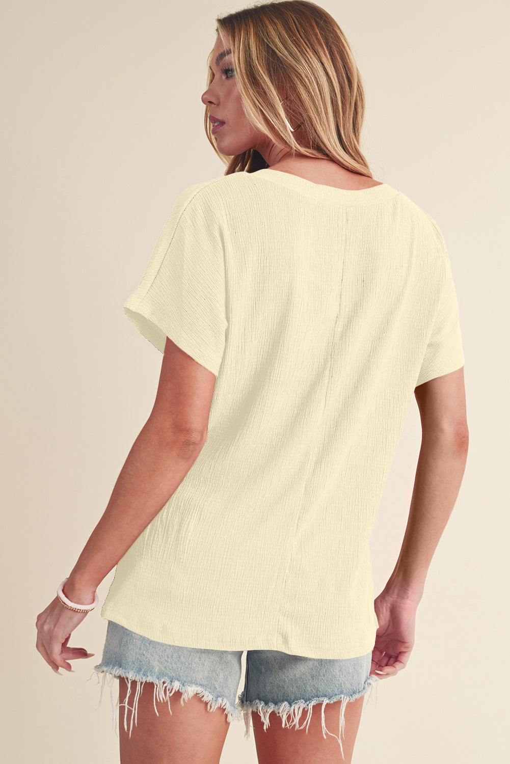 Apricot Plain Crinkled V Neck Short Sleeve Blouse