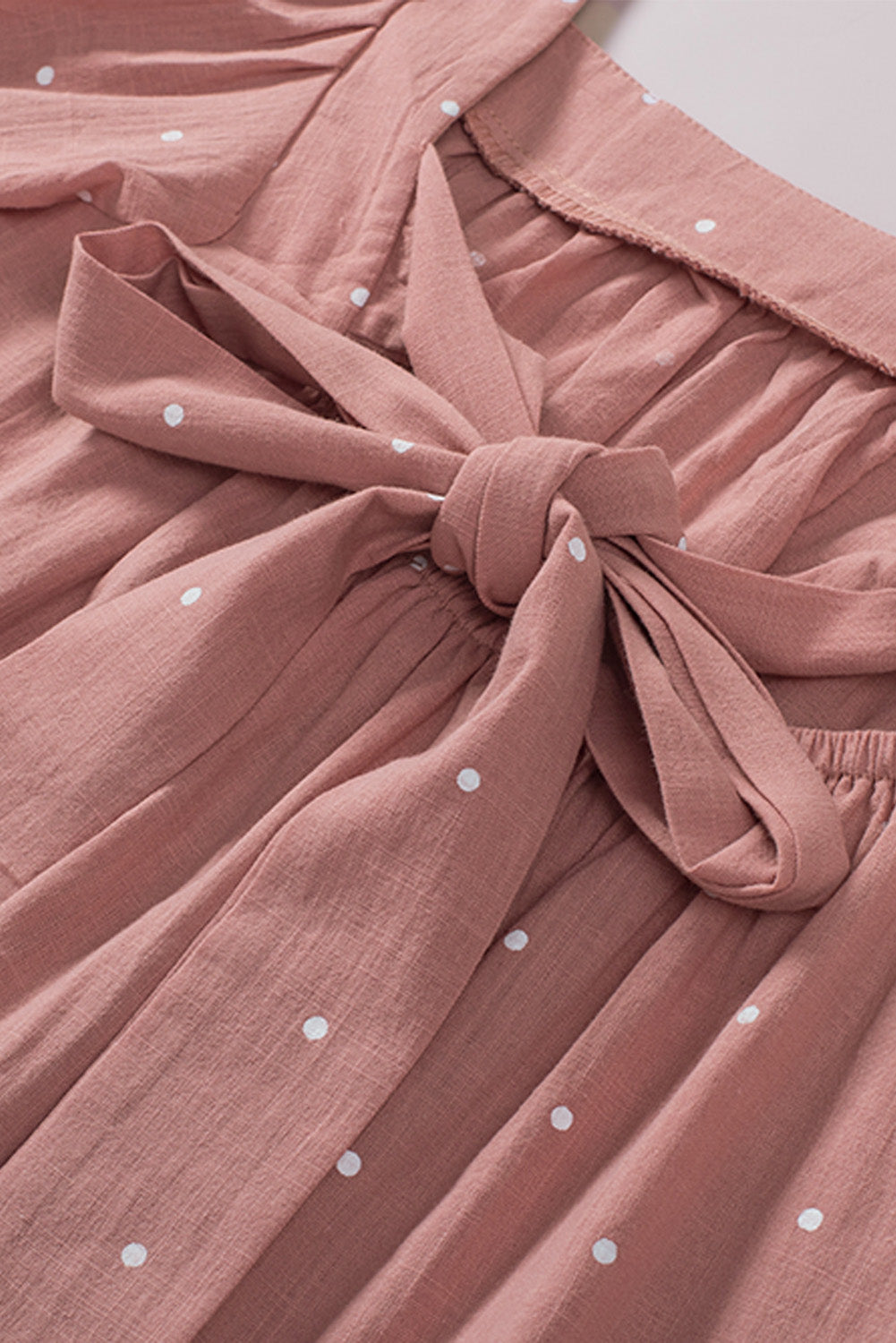 Pink Square Neck Polkadot Linen Puff Sleeve Short Sleeve Top