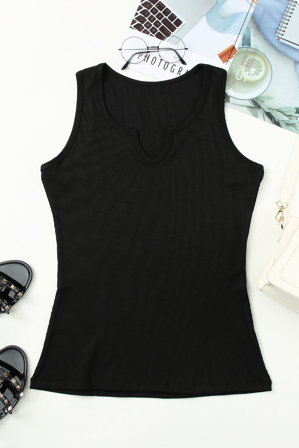 Rose Basic Split Neck Ribbed Knit Tank Top