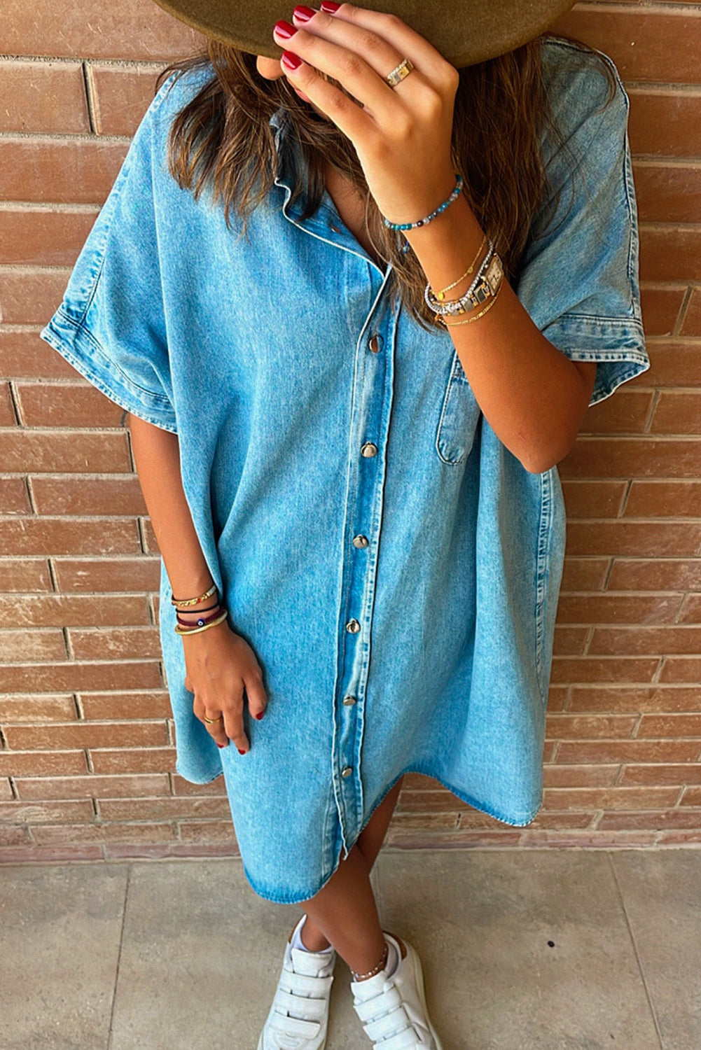 Light Blue Vintage Wash Loose Denim Shirt Dress