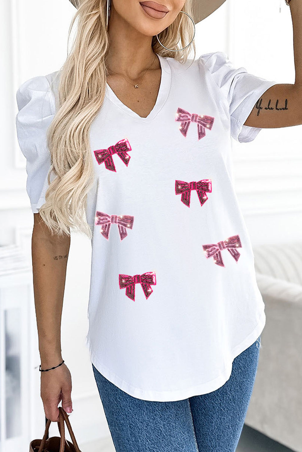 White Sequin Bow Patched Graphic Puff Sleeve T Shirt