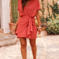 Tomato Red Collared Buttoned Neckline Pleated Wrapped Mini Dress