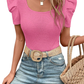 Black Scoop Neck Waffle Knit Puff Sleeve Top