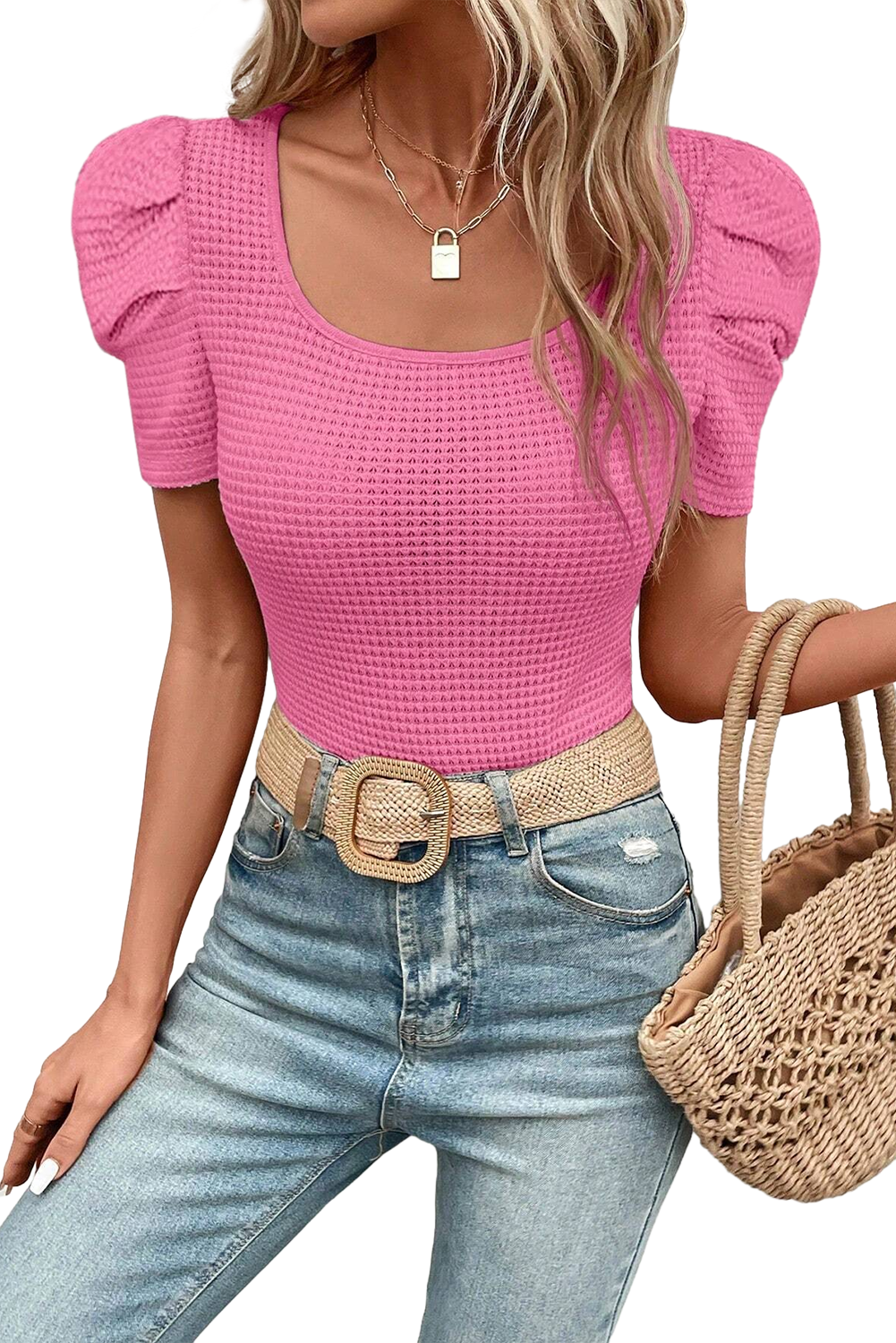 Black Scoop Neck Waffle Knit Puff Sleeve Top