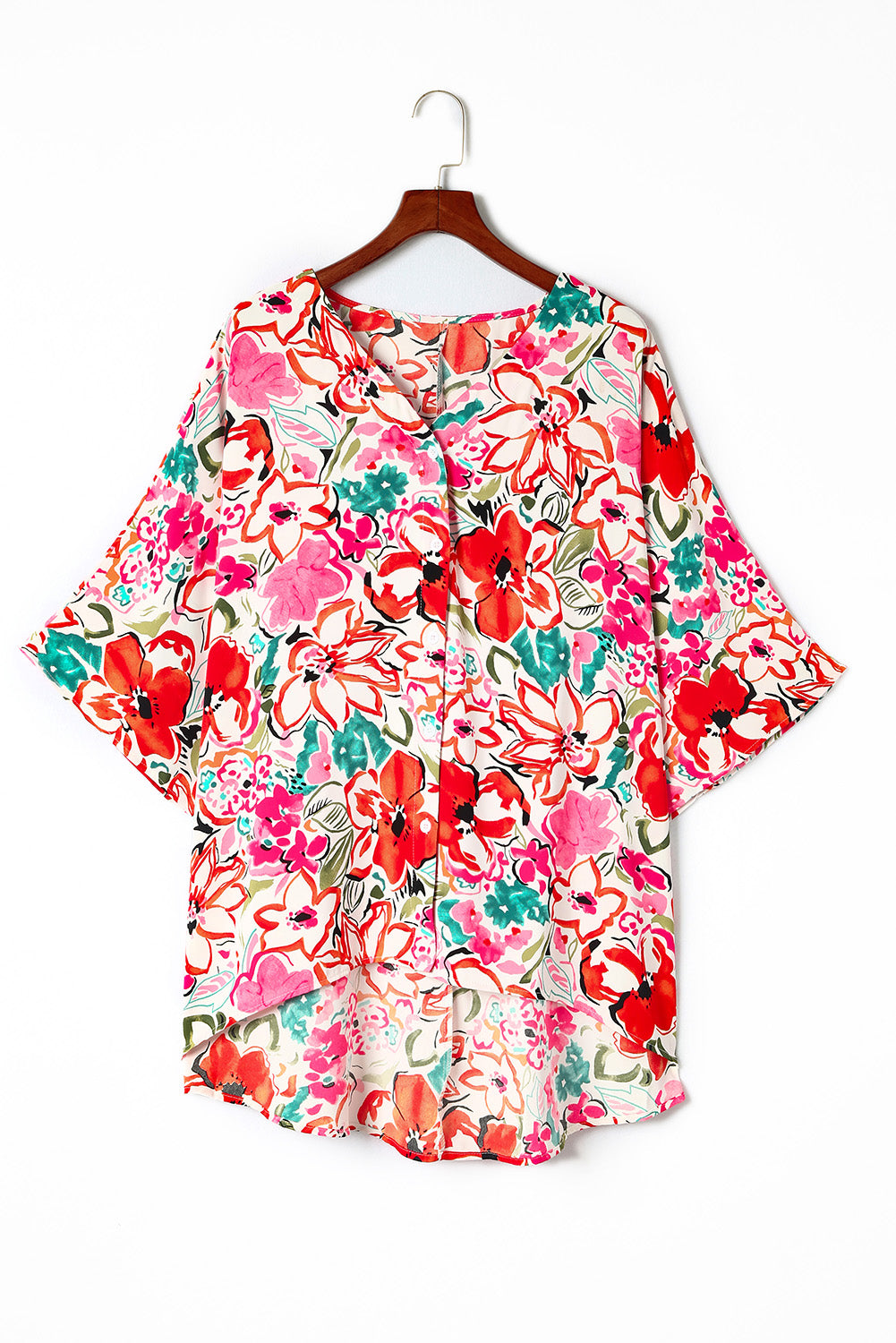 Rose Plus Size Floral Print Boho Kimono Sleeve Shirt