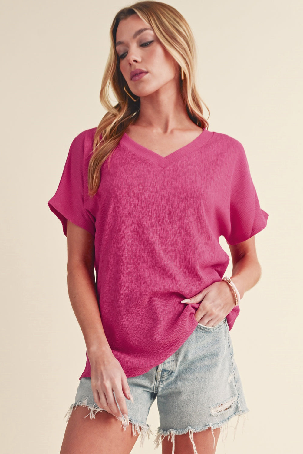 Apricot Plain Crinkled V Neck Short Sleeve Blouse