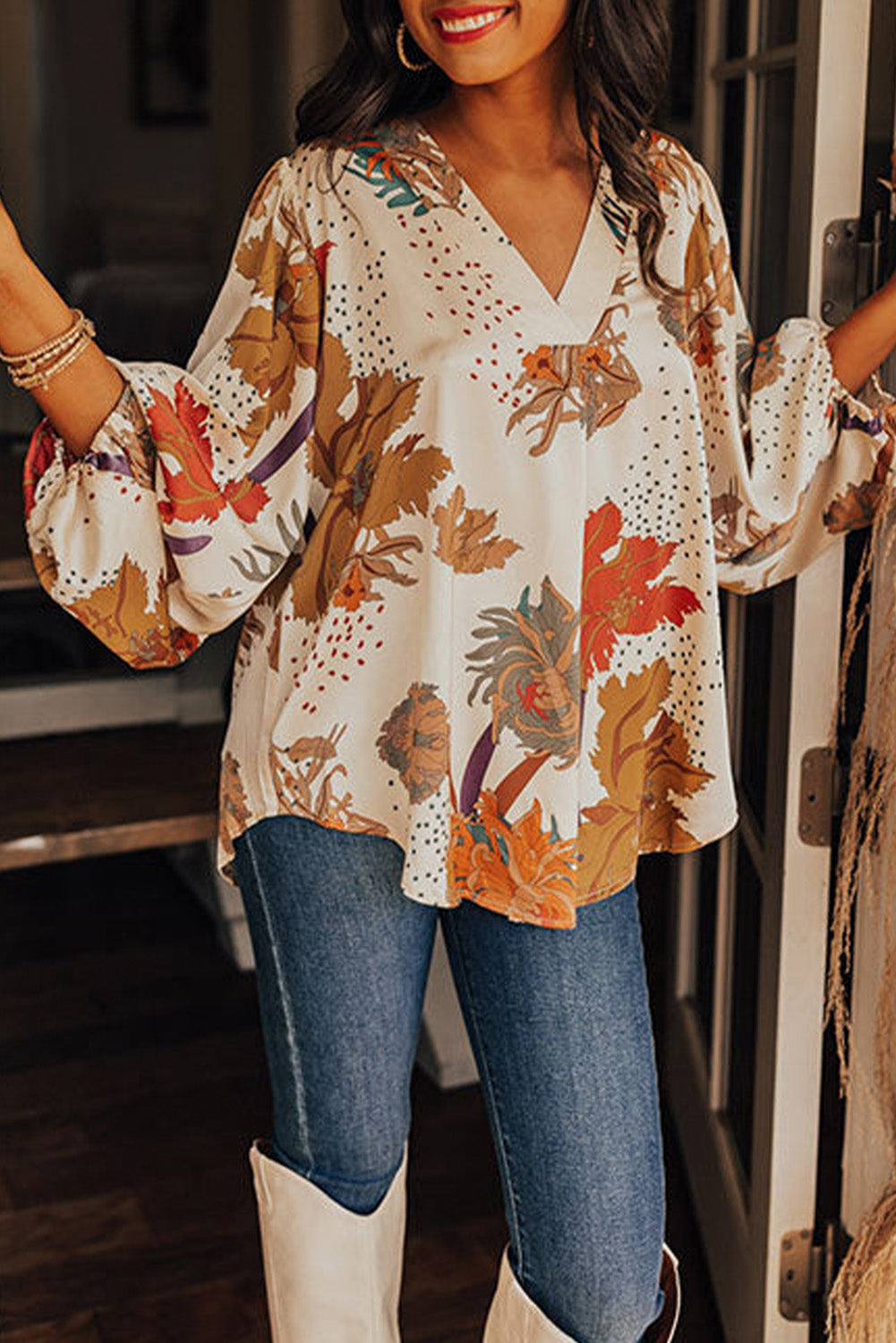 White Boho Floral V Neck Bishop Sleeve Blouse