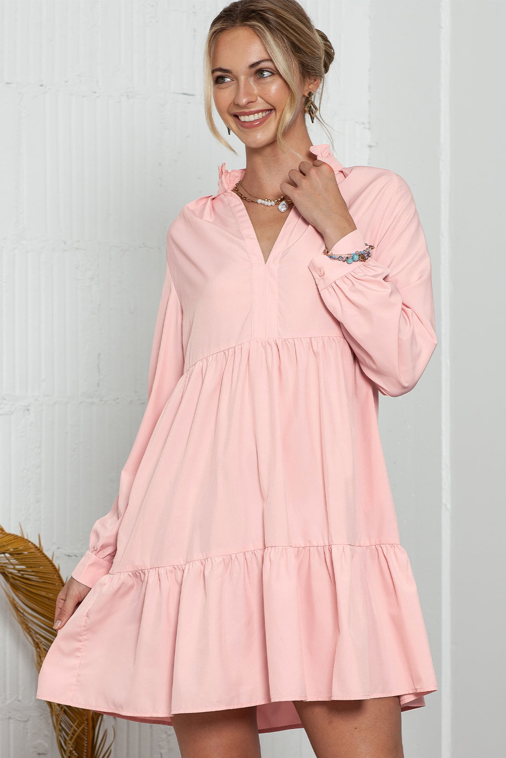 Pink Elegant Stand V Neck Short Frill Dress