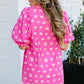 Bright Pink Spotted Print Puff Sleeve Smocked Mini Dress