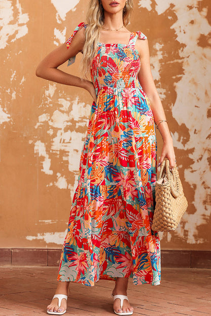 Multicolor Boho Tropical Print Smocked Ruffle Tiered Maxi Dress