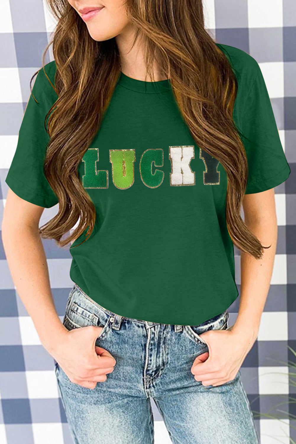 Green LUCKY Glitter Chenille Patched Graphic Crew Neck T Shirt
