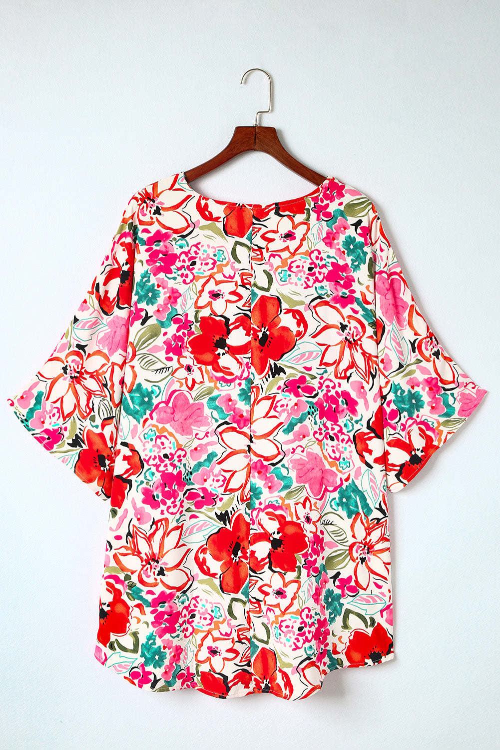 Rose Plus Size Floral Print Boho Kimono Sleeve Shirt