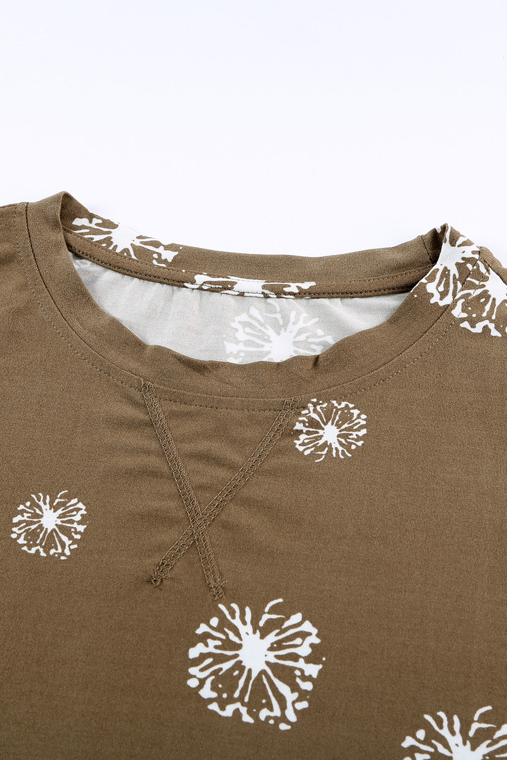 Brown Dandelion Print Casual Crew Neck T-shirt