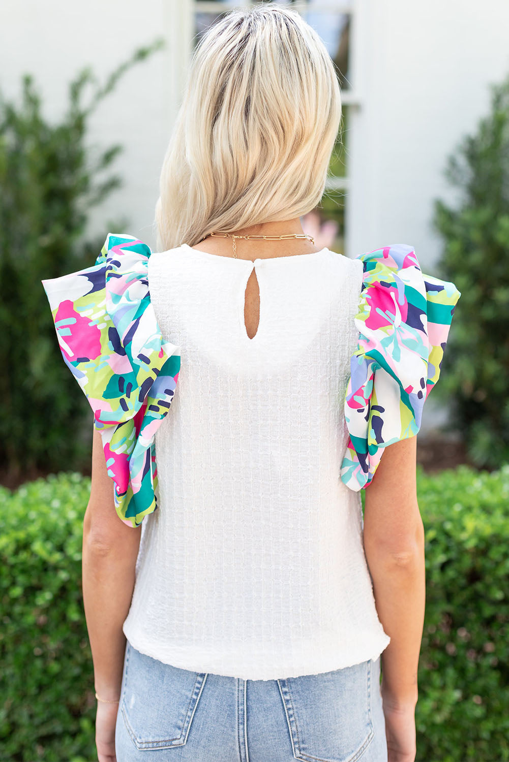 White Abstract Print Puff Sleeve Textured Top