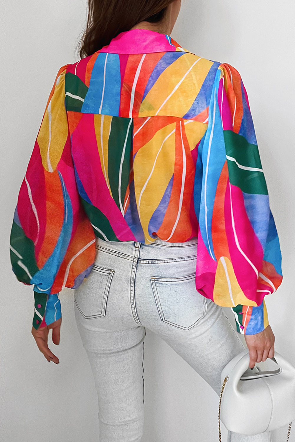 Multicolor Swirl Color Block Print Lantern Sleeve Shirt