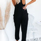 Black Textured Sleeveless V-Neck Pocketed Casual Jumpsuit