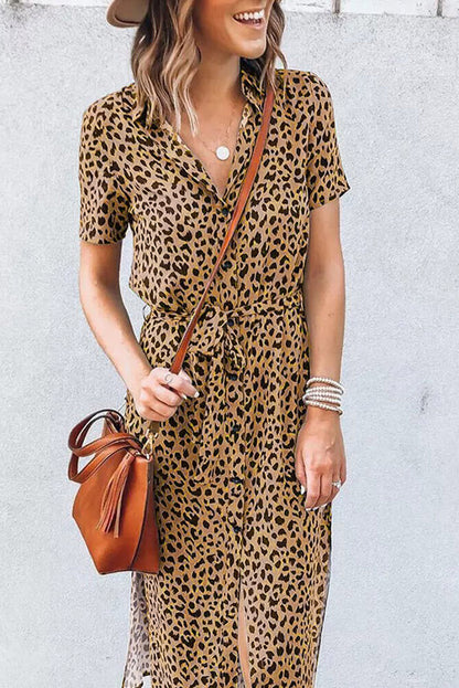 Khaki Leopard Print Waist Belted Button Up Shirt Dress