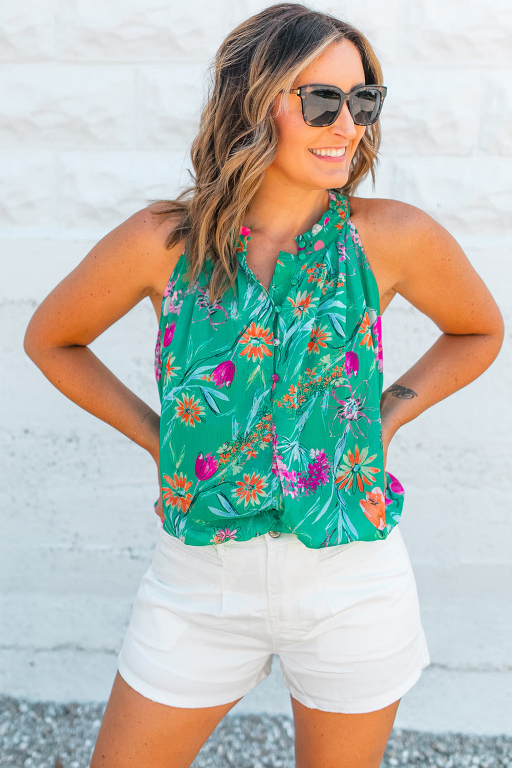 Bright Green Boho Floral Print Button Front Sleeveless Blouse