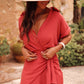 Tomato Red Collared Buttoned Neckline Pleated Wrapped Mini Dress