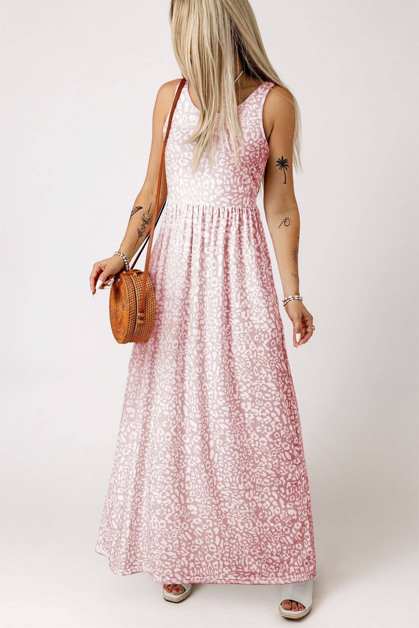 Pink Sleeveless Floor Length Leopard Print Dress with Pockets