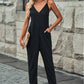 Black Textured Sleeveless V-Neck Pocketed Casual Jumpsuit