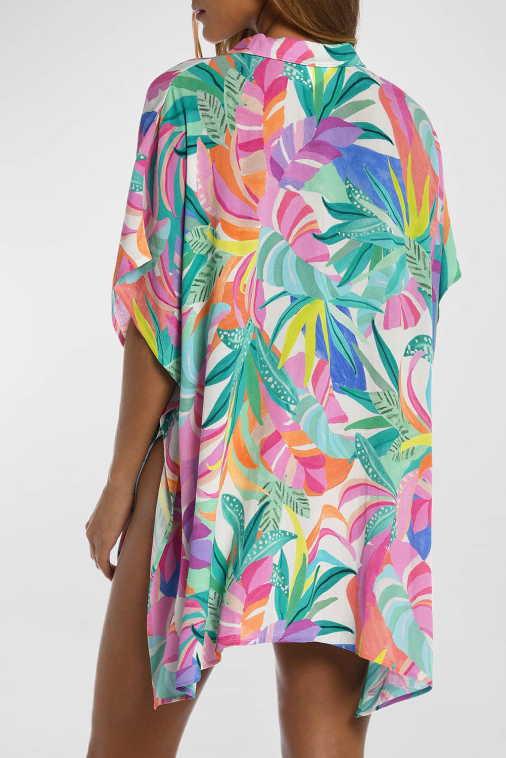 Multicolor Tropical Print Button-up Short Sleeve Beach Cover Up