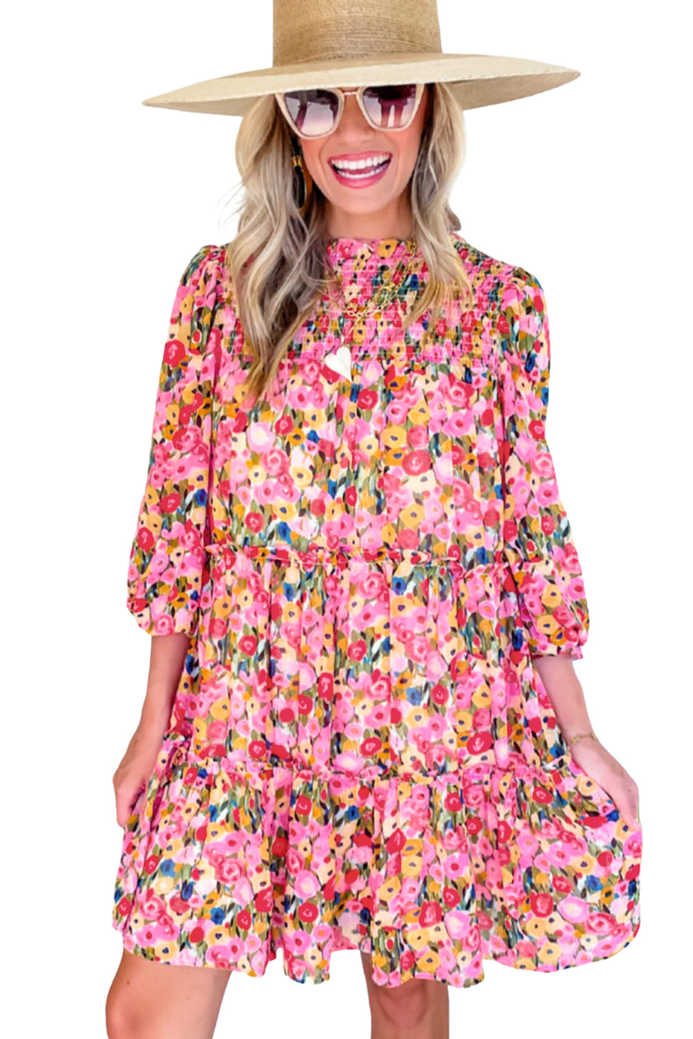 Floral 3/4 Sleeve Smocked Frill Tiered Dress