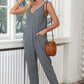 Black Textured Sleeveless V-Neck Pocketed Casual Jumpsuit