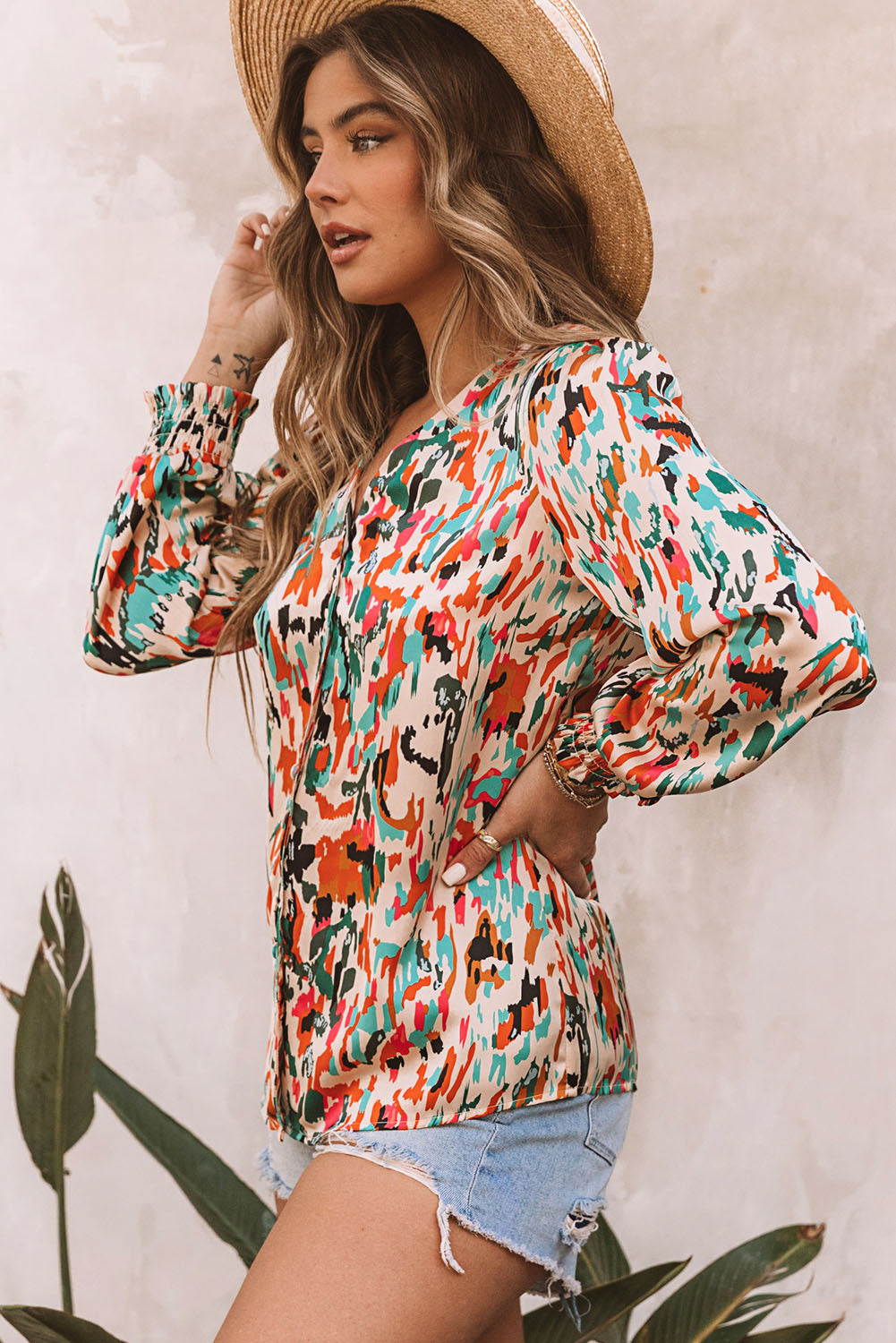 Multicolor Abstract Print Boho V Neck Shirred Cuffs Blouse