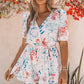 White Floral Print Puff Sleeves Belted Romper