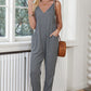 Black Textured Sleeveless V-Neck Pocketed Casual Jumpsuit