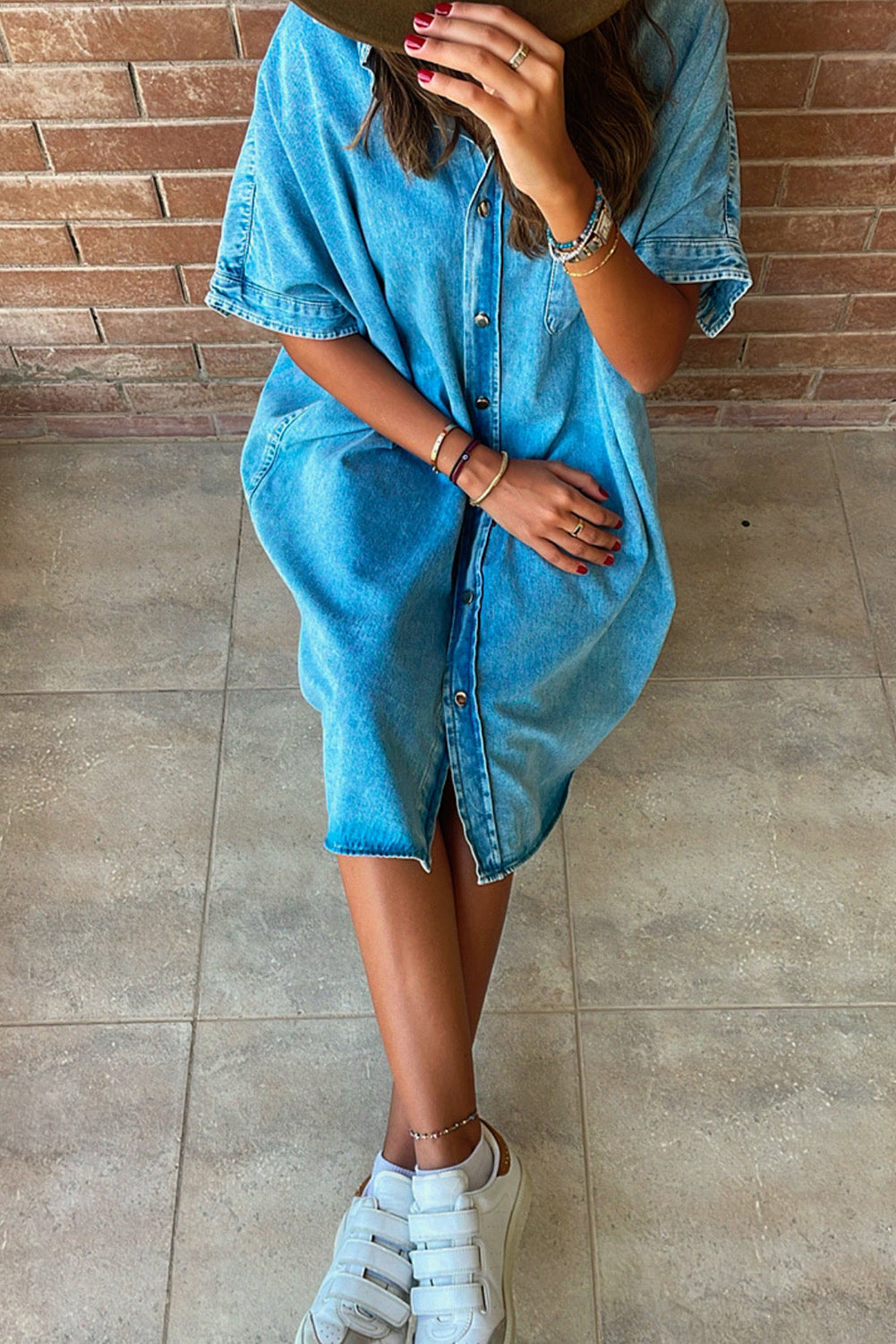 Light Blue Vintage Wash Loose Denim Shirt Dress